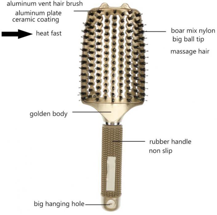High Quality Massage hair care tools gold vent aluminum hair brush boar bristle with nylon